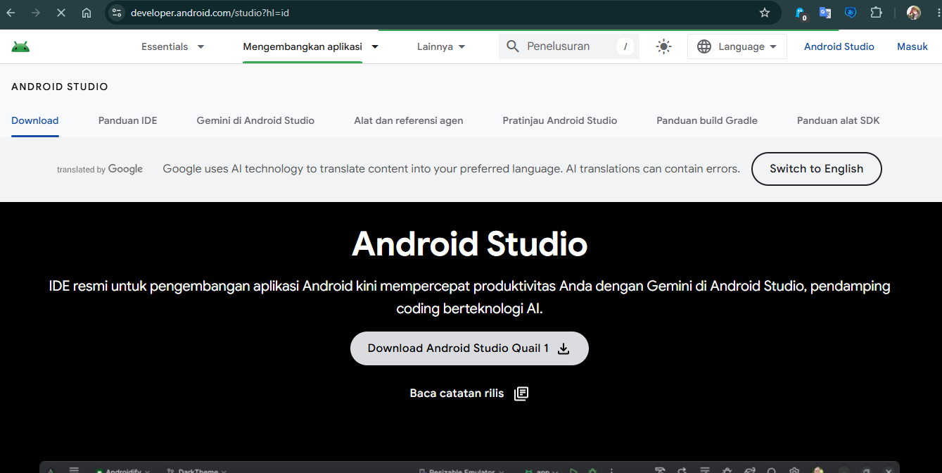 Tampilan website Android Studio