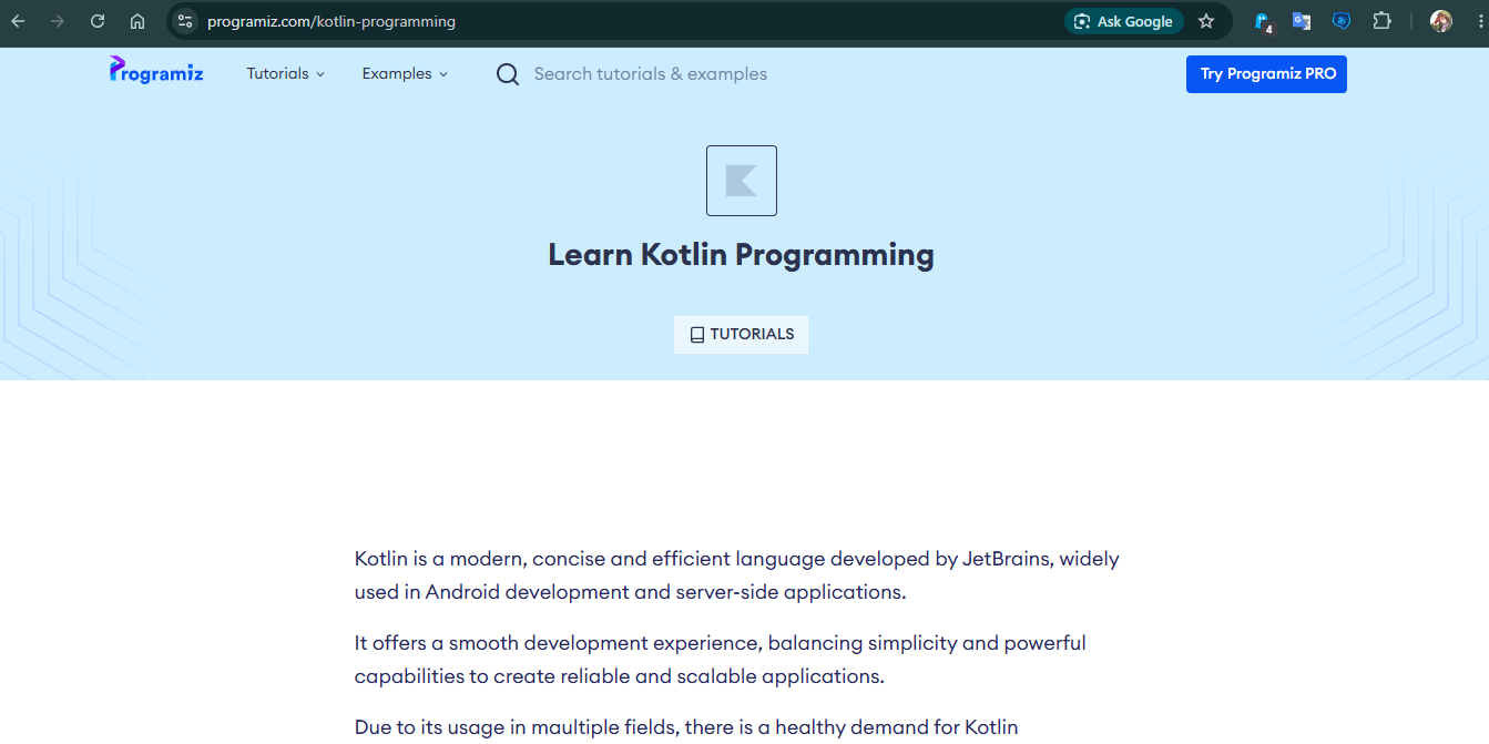Tampilan website Programiz untuk belajar Kotlin
